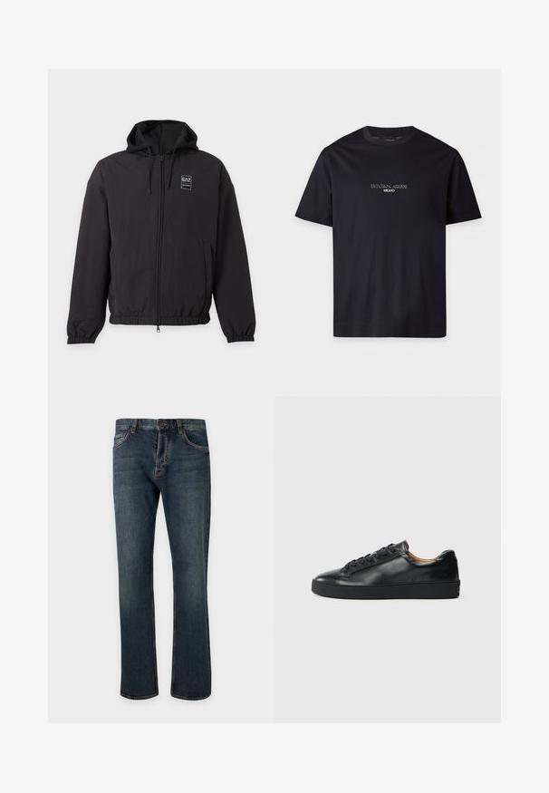 Veste noire à capuche avec fermeture éclair, poignets et bas élastiques, poches avant et petit logo EA7 sur la poitrine gauche.; T-shirt noir à manches courtes avec col rond, texte "EMPORIO ARMANI MILANO" centré sur la poitrine en petite police blanche.; Jean denim bleu foncé coupe droite avec bouton et fermeture éclair à l'avant, passants de ceinture et poches avant visibles sur un fond clair uni.; Baskets en cuir noir avec une texture lisse, bout rond et fermeture à lacets. Comprend une semelle en caoutchouc épaisse et un minimum de détails de marque.