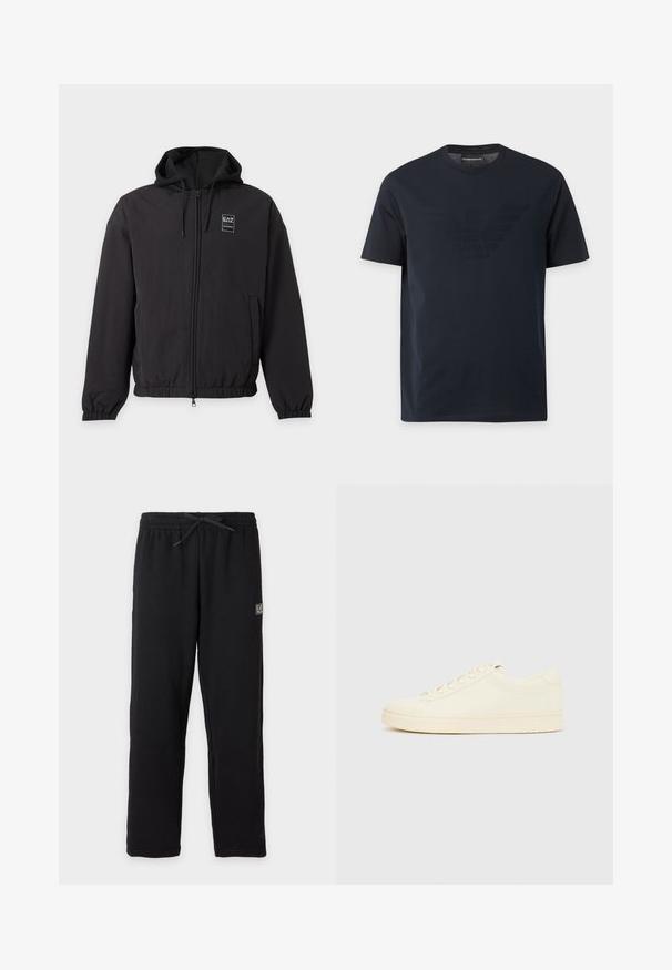 Veste noire à capuche avec fermeture éclair, poignets et bas élastiques, poches avant et petit logo EA7 sur la poitrine gauche.; T-shirt noir à manches courtes avec col rond, comportant un logo aigle en relief discret sur la poitrine et une étiquette de marque à l'intérieur du col.; Pantalon de survêtement noir avec taille élastique et cordon, avec un petit patch logo EA7 rectangulaire sur la partie supérieure de la cuisse gauche.; Baskets couleur crème avec une tige en cuir lisse, bout arrondi, laçage à l'avant et semelle en caoutchouc texturée. Design minimaliste, sans logo.