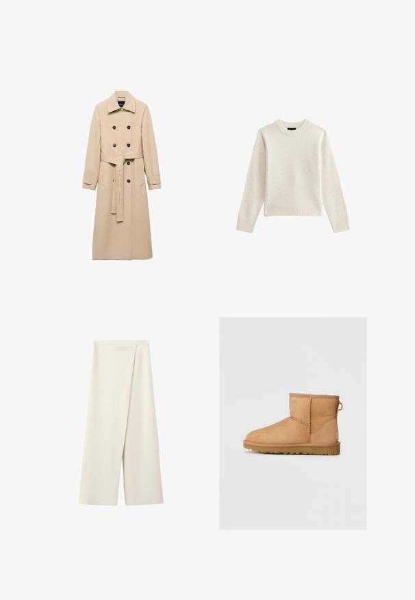 Beige trenchcoat lavet af glat stof, med dobbeltbrystet design, sorte knapper og et knyttet taljebælte. To sidelommer inkluderet.; Lys beige strikket sweater med ribbet crew hals og kant, som har lange ærmer og en afslappet silhuet. Blød tekstur og minimalistisk design.; Kremfarvede bukser med vide ben, høj talje og et fremad overlapningspanel.; Brune suede ankelstøvle med rund tå, stikninger, en pull tab bagpå og en tekstureret gummisål. Designet til komfort og varme.