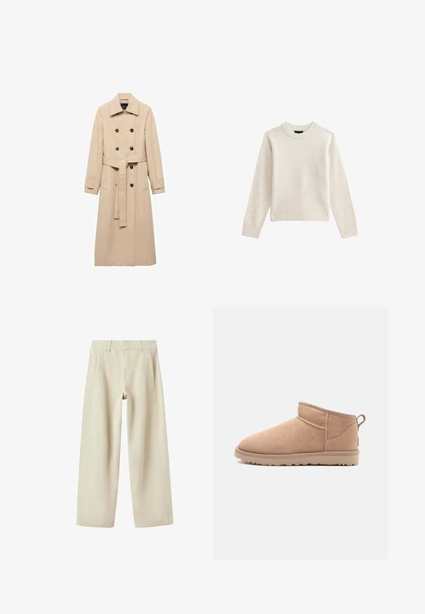Beige Trenchcoat aus glattem Stoff, mit einem doppelreihigen Design, schwarzen Knöpfen und einem gebundenen Taillengürtel. Zwei Seitentaschen sind enthalten.; Helle beigefarbene Strickjacke mit geripptem Rundhalsausschnitt und Saum, ausgestattet mit langen Ärmeln und einer lockeren Silhouette. Weicher Stoff und minimalistisches Design.; Beige Hosen mit weitem Bein, Seitentaschen, Gürtelschlaufen und sichtbaren Nähten, flach auf weißem Hintergrund dargestellt.; Beige Wildleder-Ankle-Boot mit abgerundetem Zehenbereich, weicher Textur, schlichtem Design und einer flachen Gummisohle. Mit einer Zuglasche auf der Rückseite.