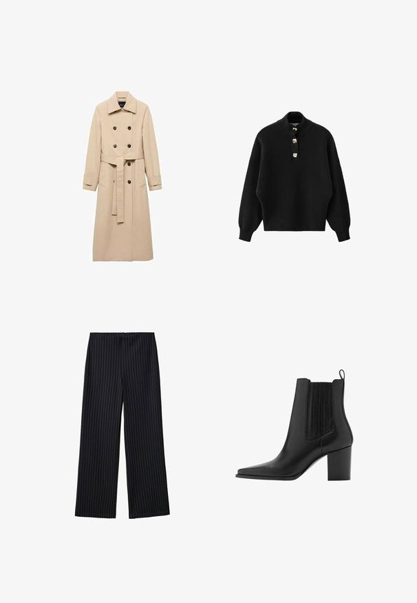 Beige trenchcoat lavet af glat stof, med dobbeltbrystet design, sorte knapper og et knyttet taljebælte. To sidelommer inkluderet.; Sort strikket pullover med høj krave, der har en knapstolpe med knapper i guldton og løstsiddende ærmer.; Sorte, smalle stribede bukser med brede ben, glat tekstur og en høj talje. Stoffet har en subtil glans og falder løst.; Sort læderstøvle til anklen med spids snude, blokhælk, trækflig og elastiske sidepaneler for nem påtagning.
