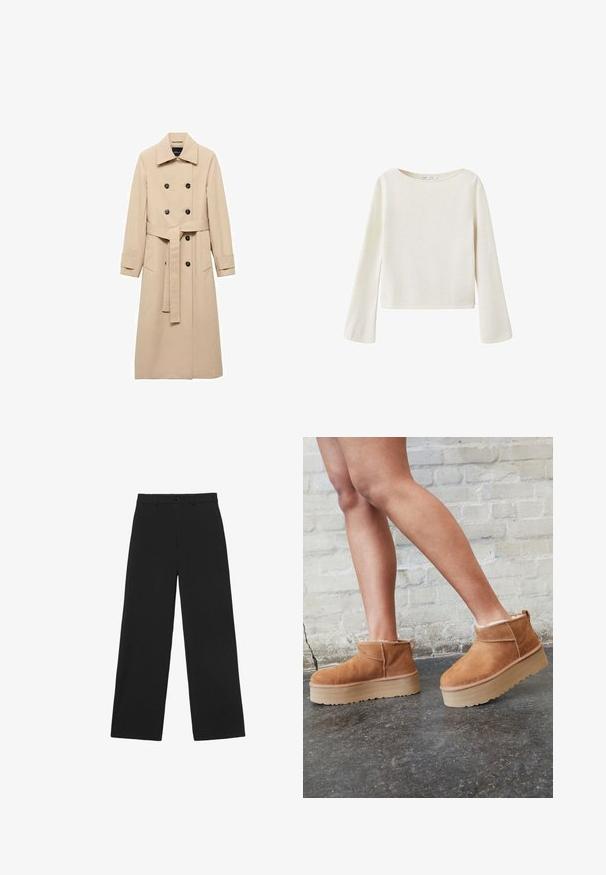 Beige trenchcoat lavet af glat stof, med dobbeltbrystet design, sorte knapper og et knyttet taljebælte. To sidelommer inkluderet.; Off-white langærmet sweater med bred rund halsudskæring og let udvidede ærmer, lavet af blødt strikket stof.; Sorte bukser med vidde i benene, med knap og bæltestropper, med en klassisk høj talje og skræddersyet pasform.; Brune ruskinds ankelsko med en blød foring, tyk beige plattformsål og en bageste løkke. Tekstureret overflade med synlige sømdetaljer.