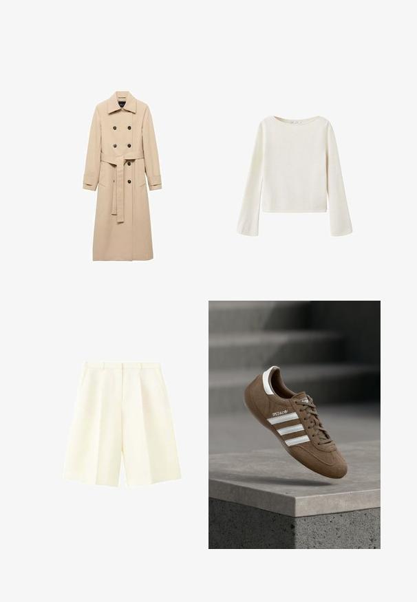 Beige Trenchcoat aus glattem Stoff, mit einem doppelreihigen Design, schwarzen Knöpfen und einem gebundenen Taillengürtel. Zwei Seitentaschen sind enthalten.; Off-white Langarmpullover mit weitem Rundhalsausschnitt und leicht ausgestellten Ärmeln, aus weichem Strickstoff gefertigt.; Hoch taillierte, cremefarbene, maßgeschneiderte Shorts mit Gürtelschlaufen, vorderen Falten und Seitentaschen, vor weißem Hintergrund dargestellt.; Brauner Adidas Spezial Sneaker aus Wildleder mit weißen Streifen und Schnürsenkeln, schwebt über einer grauen Betonkante vor unscharfem Treppenhintergrund.