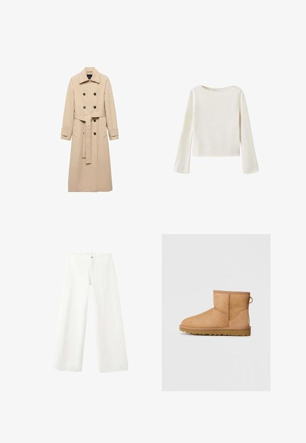 Beige trenchcoat lavet af glat stof, med dobbeltbrystet design, sorte knapper og et knyttet taljebælte. To sidelommer inkluderet.; Off-white langærmet sweater med bred rund halsudskæring og let udvidede ærmer, lavet af blødt strikket stof.; Hvide bukser med vide ben med knap- og lynlåslukning, vist fladt på en hvid baggrund.; Brune suede ankelstøvle med rund tå, stikninger, en pull tab bagpå og en tekstureret gummisål. Designet til komfort og varme.