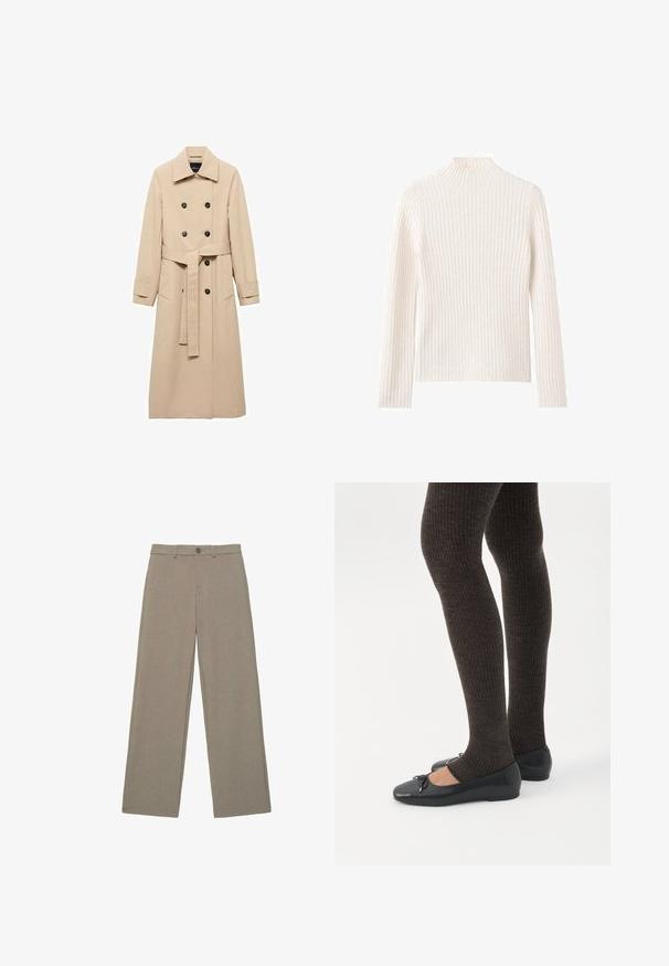 Beige trenchcoat van gladde stof, met een dubbelknopssluiting, zwarte knopen en een strikceintuur rond de taille. Inclusief twee zijzakken.; Geribbelde coltrui in off-white, gemaakt van zachte gebreide stof. Heeft lange mouwen en een aansluitend silhouet.; Beige wijde broek met ceintuurlussen, knoop aan de voorkant en ritssluiting, plat gelegd tegen een witte achtergrond.; Benen met donkere geribbelde leggings gecombineerd met zwarte ballerina's met kleine strikdetails op een witte achtergrond.