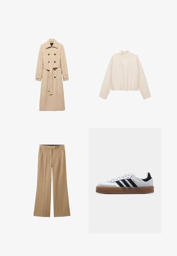 Beige trenchcoat van gladde stof, met een dubbelknopssluiting, zwarte knopen en een strikceintuur rond de taille. Inclusief twee zijzakken.; Crème pullover trui gemaakt van zachte stof, met een hoge nek, verlaagde schouders en een cropped ontwerp met geribde boorden.; Beige broek met wijde pijpen, riemlussen, voorzakken en een verborgen ritssluiting aan de voorkant, afgebeeld op een witte achtergrond.; Witte leren sneakers met zwarte strepen, gumrubberen buitenzool, ronde neus, vetersluiting en een zachte grijze suède neuskap.