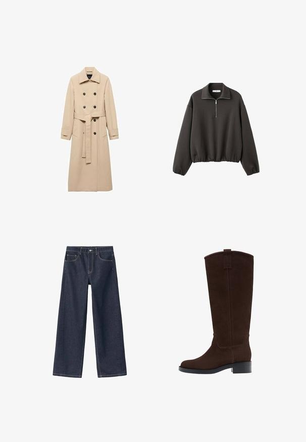 Beige Trenchcoat aus glattem Stoff, mit einem doppelreihigen Design, schwarzen Knöpfen und einem gebundenen Taillengürtel. Zwei Seitentaschen sind enthalten.; Dunkelgrauer Pullover mit hohem Kragen, kurzem Frontreißverschluss und elastischem Saum. Weicher Stoff mit entspannter, lockerer Passform.; Dunkelblaue Denim-Hosen mit weitem Bein und hoher Taille, sichtbaren Nähten, zwei Fronttaschen und einem Knopfverschluss am Bund.; Hoher dunkelbrauner Stiefel aus Wildleder mit niedrigem gestapeltem Absatz und rundspitziger Zehenpartie, ausgestattet mit einer Zugschlaufe oben am Schaft.
