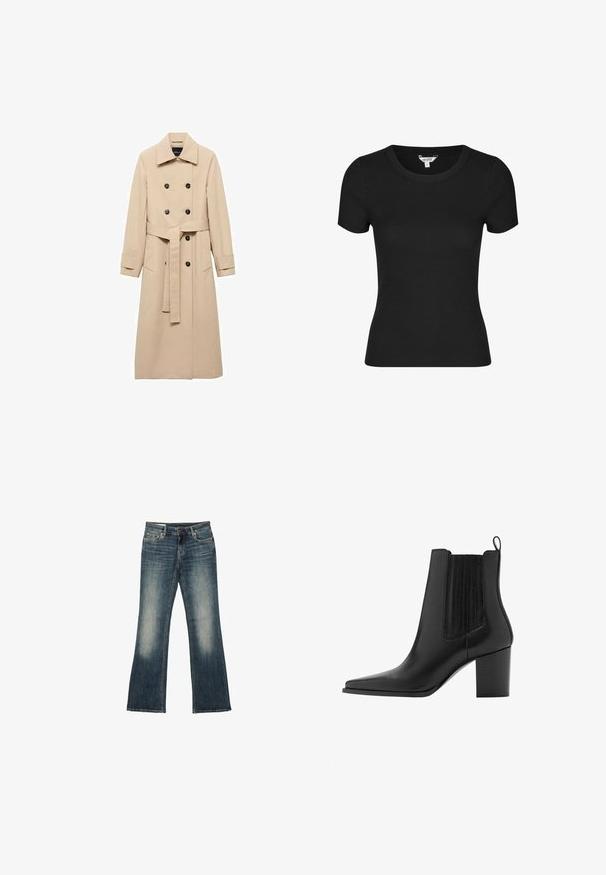 Beige trenchcoat lavet af glat stof, med dobbeltbrystet design, sorte knapper og et knyttet taljebælte. To sidelommer inkluderet.; Sort kortærmet T-shirt lavet af ribbet bomuldsstof, med rund halsudskæring og en tætsiddende silhuet.; Blå jeans i denim med let udvidede ben og falmede områder på lårene, med forlommer og bæltestropper.; Sort læderstøvle til anklen med spids snude, blokhælk, trækflig og elastiske sidepaneler for nem påtagning.