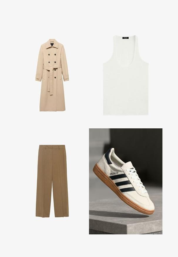 Beige Trenchcoat aus glattem Stoff, mit einem doppelreihigen Design, schwarzen Knöpfen und einem gebundenen Taillengürtel. Zwei Seitentaschen sind enthalten.; Weißes ärmelloses Tanktop mit Rundhalsausschnitt, minimalistischer Stil und Massimo Dutti Markenlabel innen am Kragen.; Weite Hosen aus leichtem Stoff in einer einfarbigen Brauntönung, mit vorderen Falten und einem eng anliegenden Bund.; Weiße Wildleder-Sneaker mit marineblauen Streifen, Gummisohle, strukturiertem Obermaterial, runder Zehenform und Schnürung; mit Branding an der Seite und auf der Zunge.