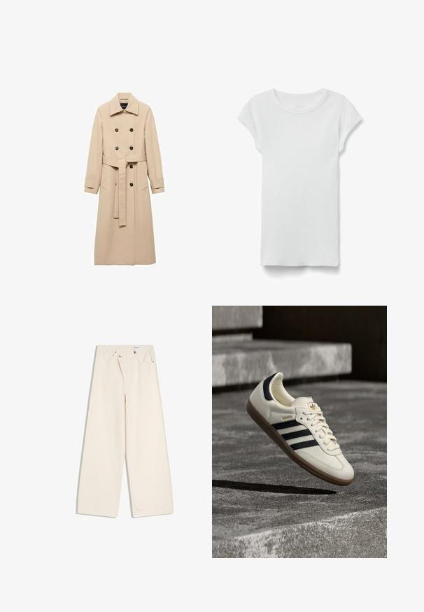 Beige trenchcoat van gladde stof, met een dubbelknopssluiting, zwarte knopen en een strikceintuur rond de taille. Inclusief twee zijzakken.; Wit geribd T-shirt met korte mouwen en ronde hals, plat liggend op een witte achtergrond, toont de voorkant en een eenvoudige casual stijl.; Off-white wijde broek met steekzakken aan de voorkant, lussen voor een riem en zilveren knopen op de tailleband en de randen van de zakken.; Witte Adidas Samba sneaker met zwarte strepen en gumzool, zwevend boven gestructureerde grijze betonnen treden.