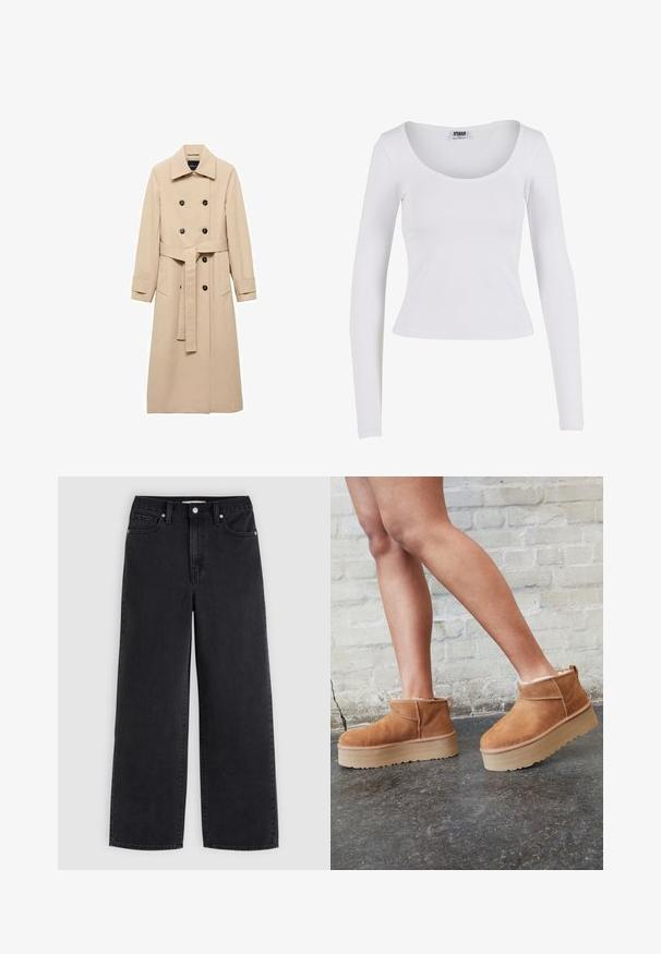 Trinchera beige fabricada en un tejido suave, con un diseño de doble botonadura, botones negros y un cinturón atado en la cintura. Incluye dos bolsillos laterales.; Blusa blanca de manga larga con escote redondeado, confeccionada en tejido elástico, que presenta un diseño ajustado y una construcción sin costuras sin acentos visibles.; Vaqueros negros de pierna ancha con botón y cremallera en la parte delantera, presillas para el cinturón y diseño de cinco bolsillos sobre un fondo gris claro.; Botas de tobillo de ante marrón con forro suave, suela de plataforma gruesa beige y una lengüeta trasera. Superficie texturizada con detalles de costura visibles.