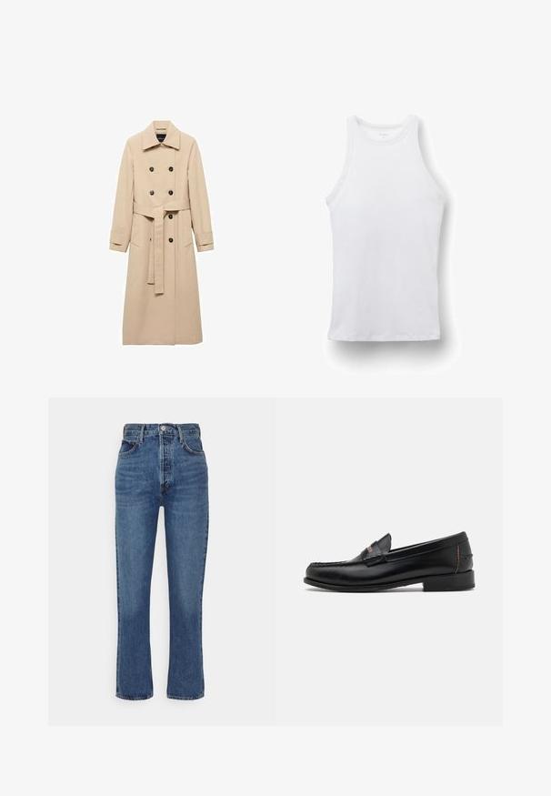 Beige Trenchcoat aus glattem Stoff, mit einem doppelreihigen Design, schwarzen Knöpfen und einem gebundenen Taillengürtel. Zwei Seitentaschen sind enthalten.; Weißes geripptes ärmelloses Tanktop mit hohem Rundhalsausschnitt, figurbetonter Damenschnitt, auf weißem Hintergrund dargestellt.; Blaue hochgeschnittene Jeans aus Denim mit geradem Bein, Fünf-Taschen-Design und metallischem Knopfverschluss.; Schwarze Lederloafer mit einem gestickten Design an der Vorderseite, flachem Absatz und einem dezenten farblichen Akzent am Absatz. Glatte Oberfläche, stromlinienförmige Form.