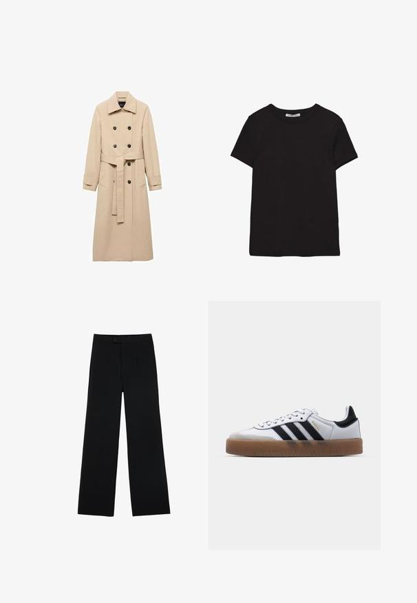 Beige Trenchcoat aus glattem Stoff, mit einem doppelreihigen Design, schwarzen Knöpfen und einem gebundenen Taillengürtel. Zwei Seitentaschen sind enthalten.; Schwarzes, kurzärmliges Baumwoll-T-Shirt mit rundem Halsausschnitt, Standardpassform und sichtbarem innerem Nackenetikett.; Schwarze weit geschnittene Hosen aus glattem Stoff, mit einem Frontknopfverschluss und zwei Falten für zusätzliche Details. Maßgeschneiderter Gesamteindruck.; Weiße Leder Sneakers mit schwarzen Streifen, Gummigummi-Außensohle, runder Zehenform, Schnürverschluss und weichem grauem Wildleder-Zehenkappe.