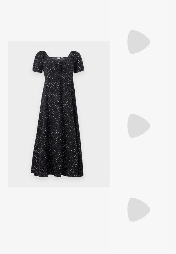 Robe midi noire à pois blancs, manches courtes bouffantes, encolure carrée et détail noué froncé à l'avant.; Mules à talons ouverts beige avec une finition matte lisse, ornés de strass transparents disposés en motif sur le dessus.; Sac à main en cuir beige en forme de croissant avec une seule bandoulière et des coutures minimalistes, posé sur un fond blanc uni.; Boucles d'oreilles argentées en forme d'étoile, avec une surface lisse et brillante. Chaque boucle d'oreille possède cinq pointes et des détails subtils de texture de surface.