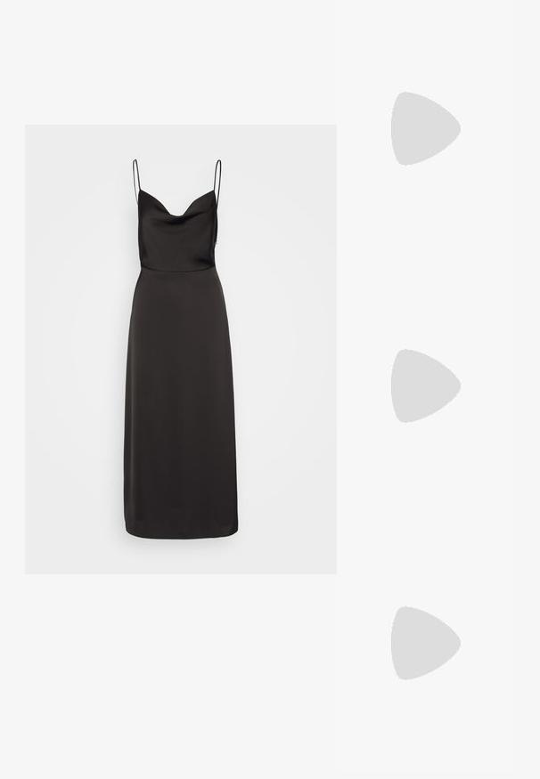 Vestido de satén negro con un cuerpo ajustado, escote ancho y tirantes finos. La falda fluye hasta los tobillos, con una textura suave.; Zapatillas de tacón alto abiertas en la parte delantera, de color negro, con un upper de cuero suave, punta almendrada y un elegante tacón de aguja. Detalle decorativo en tono dorado visible.; Clutch de terciopelo negro con herrajes en tono dorado, de forma rectangular y con correa de cadena, que presenta una textura suave y sin patrones visibles.; Pendientes en forma de lágrima con un marco dorado y acentos plateados, adornados con múltiples piedras redondas brillantes en una disposición decorativa.