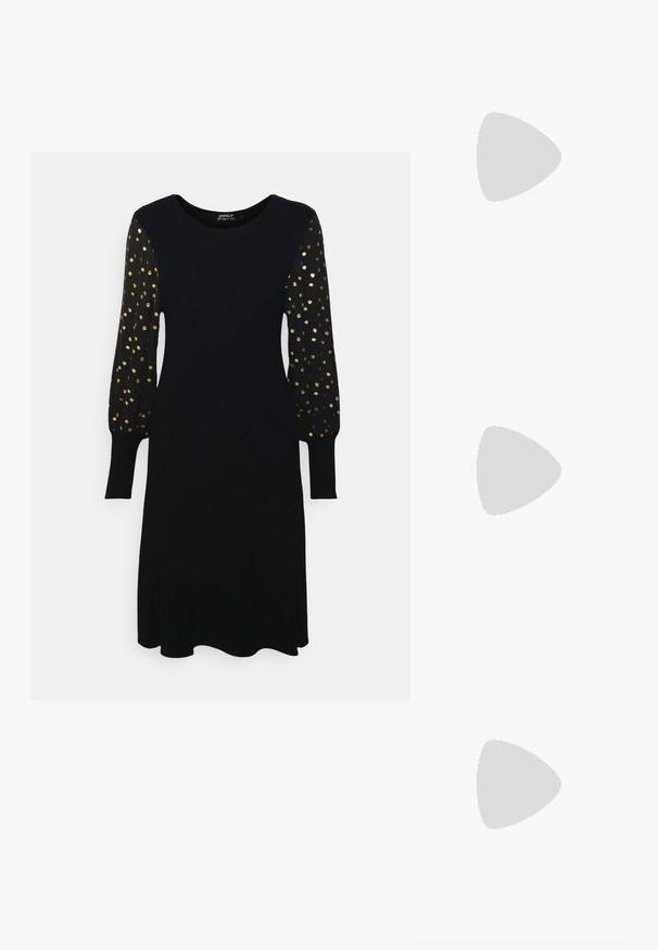 Robe noire à manches longues bouffantes avec un motif de points dorés. Design col rond, tissu doux, silhouette évasée et manches avec poignet.; RAID JOCELYN - Bottes - black; Pochette noire au toucher lisse, dotée d'une chaîne en or et d'une fermeture à rabat géométrique rehaussée de doré.; Ensemble de boucles d'oreilles dorées, comprenant différentes formes : petites créoles, croissants épais et accents de chaîne. Finitions lisses et texturées.