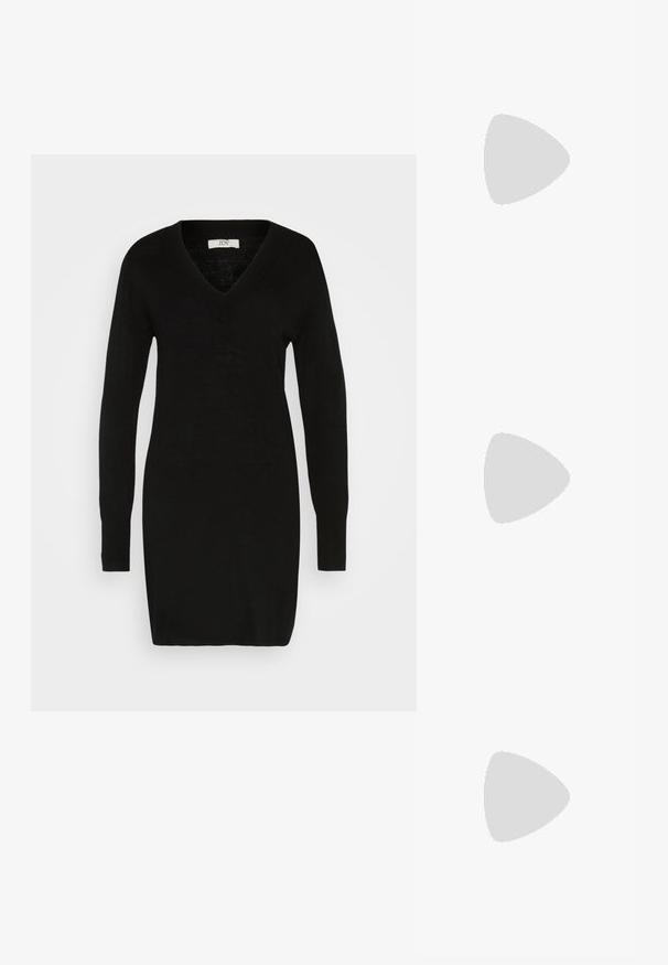 Zwarte gebreide jurk met lange mouwen en een V-hals, met een getailleerd ontwerp en een zachte textuur. Geschikt voor casual of semi-formele gelegenheden.; Zwarte kniehoge laarzen met een soepele leren voorkant en een gestructureerde stoffen achterkant, voorzien van een chunky geprofileerde zool en een lusje voor gemakkelijk aan- en uittrekken.; Zwarte zonnebril met grijze lenzen, versierd met een rasterpatroon van kleine metalen strass-steentjes langs het montuur. Gladde afwerking, hoekig ontwerp.; Pieces PCALUANA SHOULDER BAG - Handtas - black