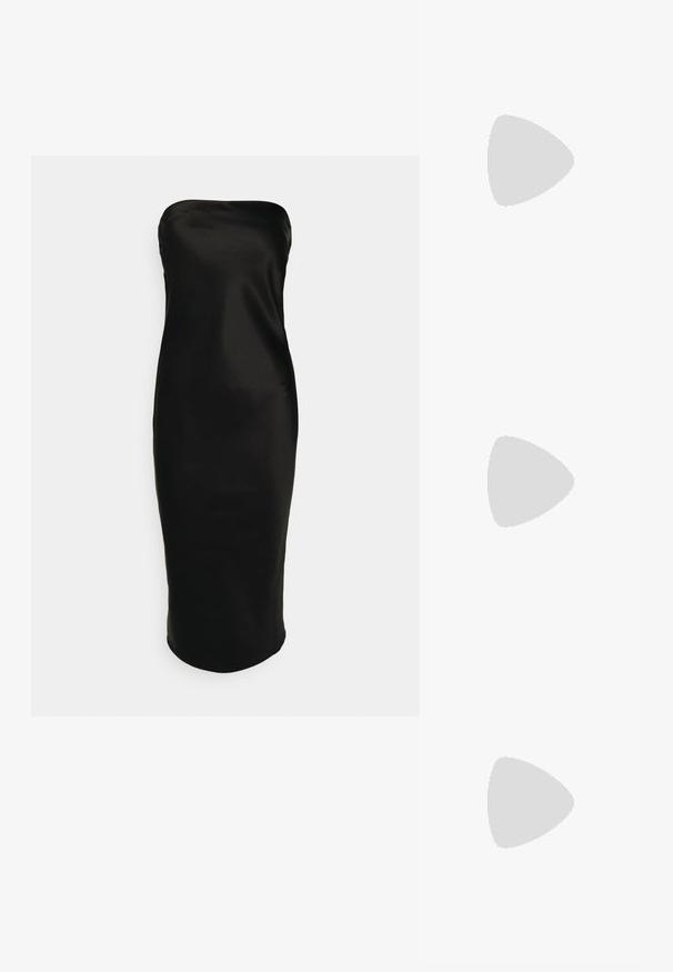Gina Tricot TUBE MIDI DRESS - Cocktailjurk - black; Zwarte suède hoge hakken met een spitse neus en een slanke silhouette. Heeft een dunne hak en een soepele textuur. Klassiek ontwerp.; Zwarte rechthoekige clutch met textuur, zilverkleurig metalen frame en sluiting, op een witte achtergrond.; Gouden druppeloorbellen met ronde, heldere edelstenen aan de basis. Gelaagd bovenstuk met kleine, ronde accenten langs de ring.