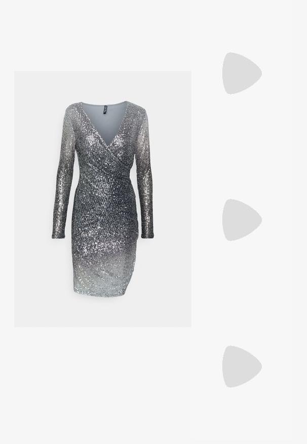 Pieces PCDELPHIA NEW WRAP DRESS - Koktailové šaty/večierkové šaty - magnet; Strieborná sandála na vysokom podpätku s blokovým podpätkom, otvorenou špičkou a remienkom okolo členku. Má lesklý patentovaný povrch a pohodlnú podrážku.; ALDO FELISIA - Kabelka - silver-coloured; Náušnice s krištáľovými kvapkami so strieborným kovovým osadením, s viacerými obdĺžnikovými a štvorcovými brúsenými kameňmi usporiadanými v kaskádových radoch.