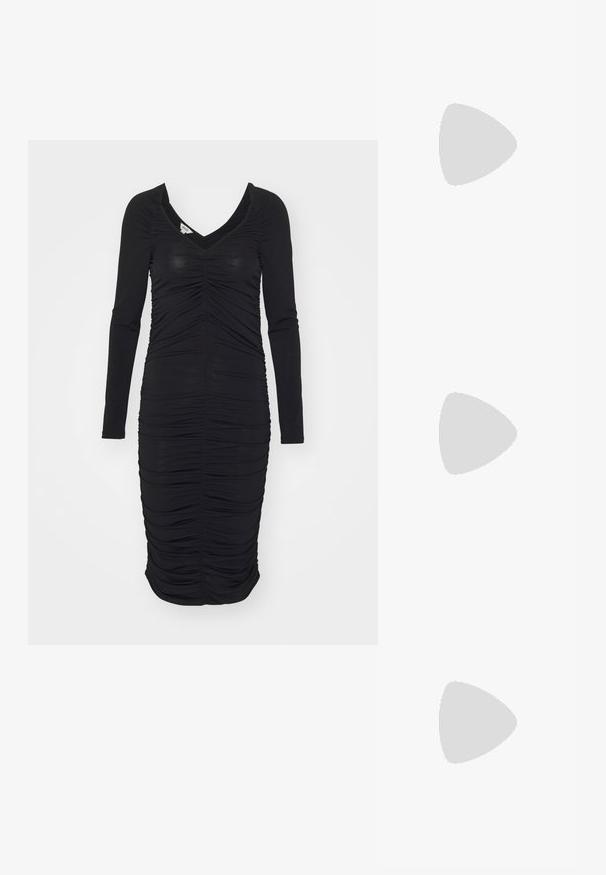 Vero Moda VMGILSA V NECK CALF DRESS - Päevakleit - black; Mustad nahast cowboy-bott, millel on terav nina, kitsenev kiilukujuline konts ja dekoratiivne tikand külgedel.; Beige satiinist poolkuu vormis käekott, millel on sädelev hõbedane ahelkand ja frantsiisidetailid. Sile tekstuur ja minimalistlik disain.; Kuldsed metallist rõngaskõrvarõngad sujuva ringikujulise disainiga ja kindla hingedega sulgemisega. Kerged ja poleeritud viimistlusega.
