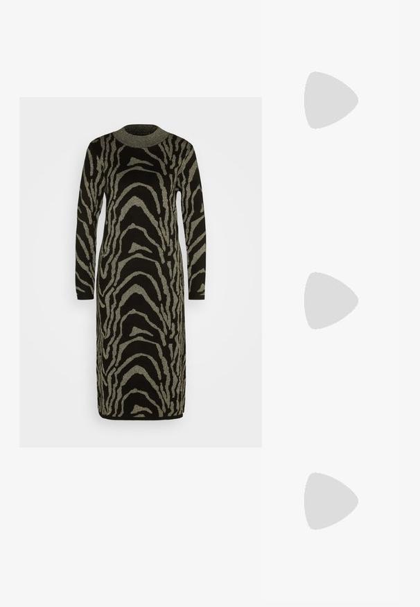 ONLY ONLRIKKE GLITTER DRESS - Gebreide jurk - black/gold; Zwarte leren knielange laarzen met een sleehak, met een gladde textuur en een zijrits. Ontworpen met een slanke, aansluitende silhouet.; Zwart leren handtas met een driehoekige vorm, schuine klep en een ronde handgreep. Heeft een gladde textuur en minimalistische ontwerpelementen.; Zilveren oorbellen in de vorm van een ring met een gepolijste afwerking, met een cirkelvorm en een scharnierende postsluiting. Glad oppervlak met minimale details.