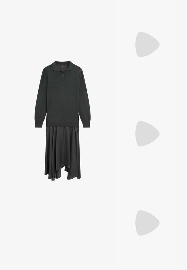Mørkegrøn langærmet kjole i polo-stil med knaplukning, ribbet ærmekanter og asymmetrisk flydende nederdel.; Sorte læder slidesandaler med et bredt stropdesign med geometriske udskæringer og en tekstureret finish, suppleret med en tyk gummisål.; Sorte ovale solbriller med mørke brilleglas og tynde stel, med et lille sølv Polo-logo på stængerne.; Rektangulær brun læderhåndtaske med to lange skulderremme, glat blank finish og minimalistisk design på en ensfarvet baggrund.