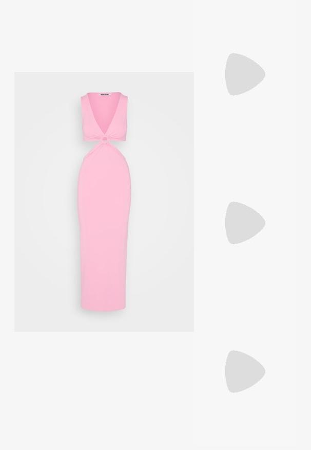Neon & Nylon LINA LONG DRESS - Maxikleid - sachet pink; Weiße Sandale mit hohem Absatz, Knöchelriemen und offenem Zehenbereich, mit dünner goldener Schnalle und schlankem Stilettoabsatz.; Braune Farbverlauf-Sonnenbrille mit einem durchscheinenden rosa Rahmen, quadratischer Form und dünnen Metallbügeln. Verfügt über abgerundete Kanten und minimale Details.; Silberne Creolen mit einem glatten, abgerundeten Design. Sie verfügen über einen sicheren Verschluss und eine polierte Oberfläche für einen reflektierenden Look.