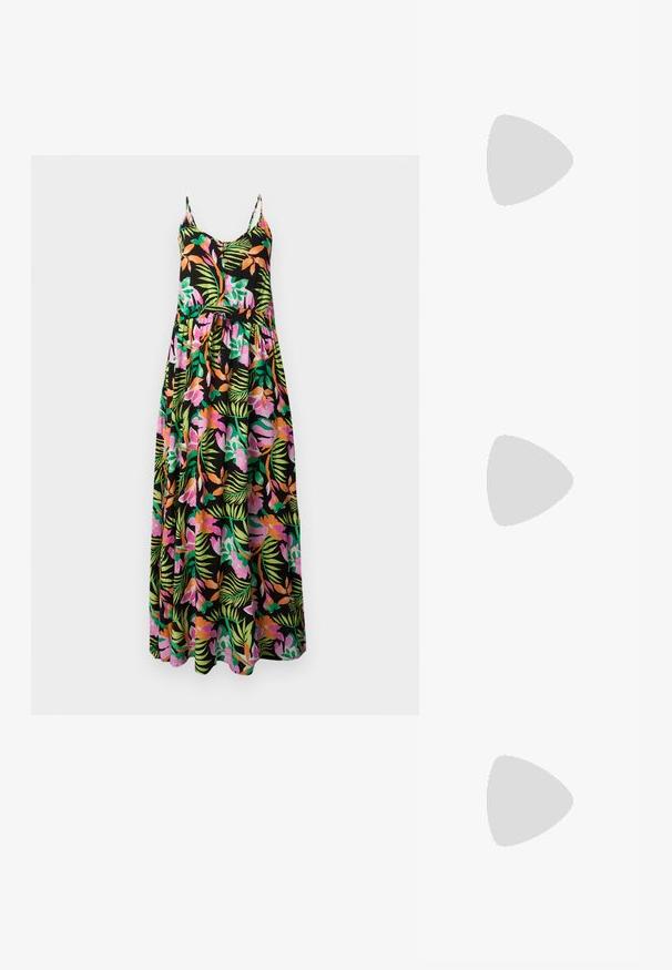 Zwarte mouwloze maxi-jurk met roze, oranje en groene tropische bloemen- en bladpatronen, dunne bandjes, knoopsluiting aan de voorkant en een geplooide taille.; Zwarte flip-flop met een gestructureerde band, een gevoerde zool en een strak, minimalistisch ontwerp. Geschikt voor casual gebruik.; Zwarte oversized zonnebril met een kattenoogvorm, donkere getinte lenzen en een glanzend plastic montuur. Beschikt over dikke tempels voor extra ondersteuning.; Gouden creolen met een gestructureerd, onregelmatig oppervlak. Beschikt over een lichtgewicht ontwerp en een ronde vorm, geschikt voor dagelijks gebruik.