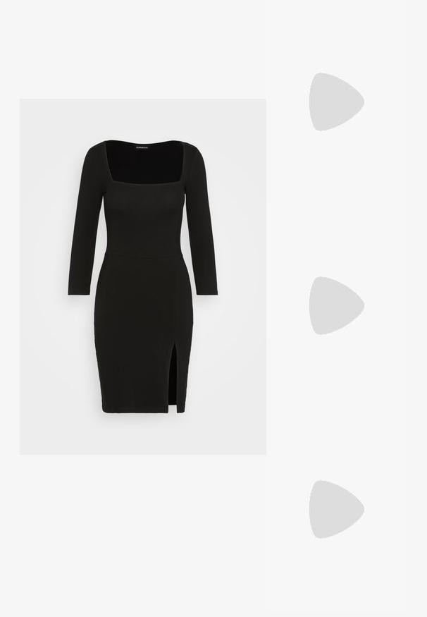 Schwarzes, tailliertes Kleid aus dehnbarem Material. Es hat einen quadratischen Ausschnitt, lange Ärmel und einen seitlichen Schlitz am Saum für zusätzliche Details.; Schwarze kniehohe Stiefel mit einer glatten Lederfront und einem strukturierten Stoffrücken, ausgestattet mit einer kräftigen, genoppten Sohle und einer Zuglasche für ein einfaches Anziehen.; Schwarz-silberne Handtasche mit einer strukturierten Oberfläche, die ein Diamantmuster aufweist, einem geknoteten Griff und einer strukturierten Form.; Silberne Creolen mit minimalistischem Design. Rundform, glatte Oberfläche und dünnes Profil. Leichtgewichtig mit hochglänzender Oberfläche.