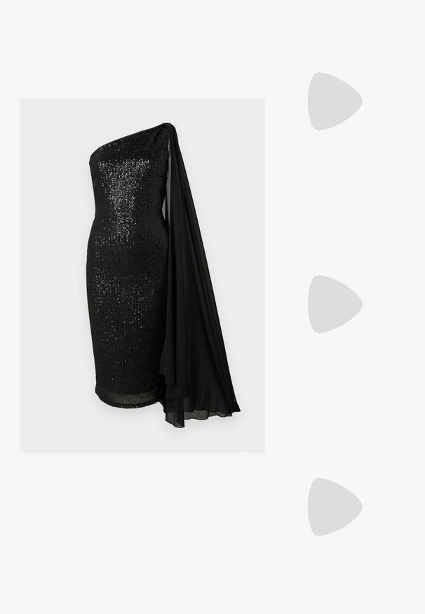 Robe noire à paillettes avec un design à une épaule. Dotée d'un détail de cape en chiffon noir fluide, d'une silhouette ajustée et d'un ourlet au genou.; Sandale à talons hauts en cuir verni noir avec une fine bride de cheville et une boucle, orteil ouvert et talon aiguille mince sur fond blanc.; Pochette noire de forme rectangulaire, ornée de divers strass disposés en motifs floraux, dotée d'une chaîne en argent pour le transport.; Boucles d'oreilles en métal argenté ornées de plusieurs pierres précieuses en cristal transparent en forme de goutte et de marquise, avec des fermoirs à levier et des détails complexes.