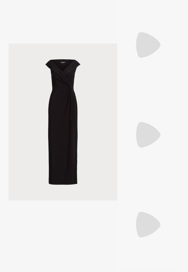 Robe de soirée noire avec un corsage ajusté et un détail torsadé à la taille. Présente un décolleté bardot et un design long au sol. Tissu lisse.; Lauren Ralph Lauren LOGAN BURNISHED LEATHER SANDAL - Sandales - black; Pochette rectangulaire dorée à finition brillante, fermoir en métal et courte anse en chaîne dorée sur un fond uni clair.; Boucles d’oreilles goutte en or ornées de grandes pierres précieuses rectangulaires bleues surmontées de petites pierres rectangulaires transparentes.