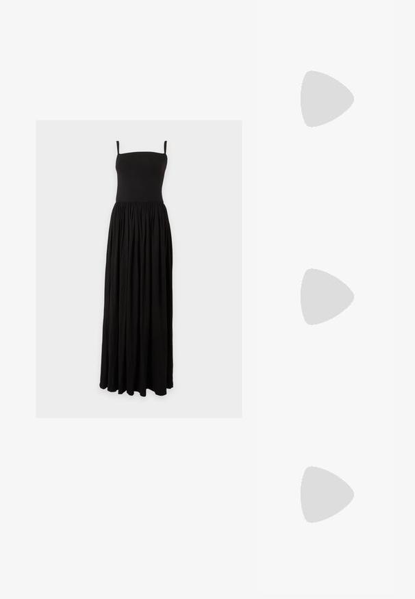 Sort ærmeløs maxikjole med tætsiddende bodice med firkantet udskæring og samlet nederdel, der strækker sig til gulvet.; Sorte ruskind balletflade med spids tå, der har en dekorativ rem prydet med hvide perler og en lav hæl.; Gul plisseret håndtaske lavet af glat kunstlæder, med en blød form, en enkelt skulderrem og samlet topdesign.; Halskæde- og armbåndssæt i guldfarve med klare krystalblomster- og bladdesigns, begge med justerbare kædelåse på en hvid baggrund.