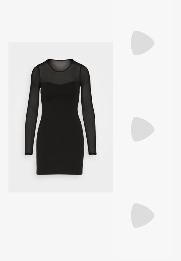 Abercrombie & Fitch PARTY PONTE STRAPLESS CORSET MINI - Kokteilikleit/peokleit - black beauty; Mustad nahast cowboy-bott, millel on terav nina, kitsenev kiilukujuline konts ja dekoratiivne tikand külgedel.; Väike käekott hõbedase võrgumustriga, kõver käepide, suur pärlikinnitus ja õhuke hõbedane kettsahtel lihtsal taustal.; Hõbedased rõngaskõrvarõngad siledast ja läikivast viimistlusest. Ringikujuline, sisaldab kindlat kinnitust. Lihtne ja elegantne disain.