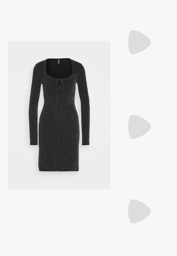 Pieces PCLINA TIE DRESS - Φόρεμα από ζέρσεϊ - black; Μαύρη μπότες μέχρι το γόνατο από γυαλιστερό δέρμα, με μυτερή μύτη και λεπτό τακούνι στιλέτο. Λείος υφή με μινιμαλιστικό σχέδιο.; Μαύρη δερμάτινη τσάντα χεριού με δομημένο σχήμα, απαλή υφή και έναν μόνο ιμάντα ώμου. Διαθέτει μια διακριτική, στρογγυλεμένη σχεδίαση καπακιού.; Ζευγάρι μεσαίου μεγέθους γυαλιστερά ασημένια σκουλαρίκια κρίκοι με λεπτά μεταλλικά κλείστρα σε ανοιχτό ουδέτερο φόντο.