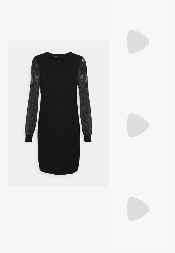 ONLY ONLVIKTORIA DRESS - Svetríkové šaty - black; Čierne členkové topánky na podpätku s rebrovanou ponožkovou časťou, hladkým povrchom, zaoblenou špičkou a blokovým podpätkom pre stabilitu.; Čierna a strieborná kabelka s textúrovaným povrchom so vzorom diamantov, s uzlovou rukoväťou a štruktúrovaným tvarom.; Strieborné kruhové náušnice s minimalistickým dizajnom. Cirkulárny tvar, hladký povrch a tenký profil. Ľahké s lesklým povrchom.