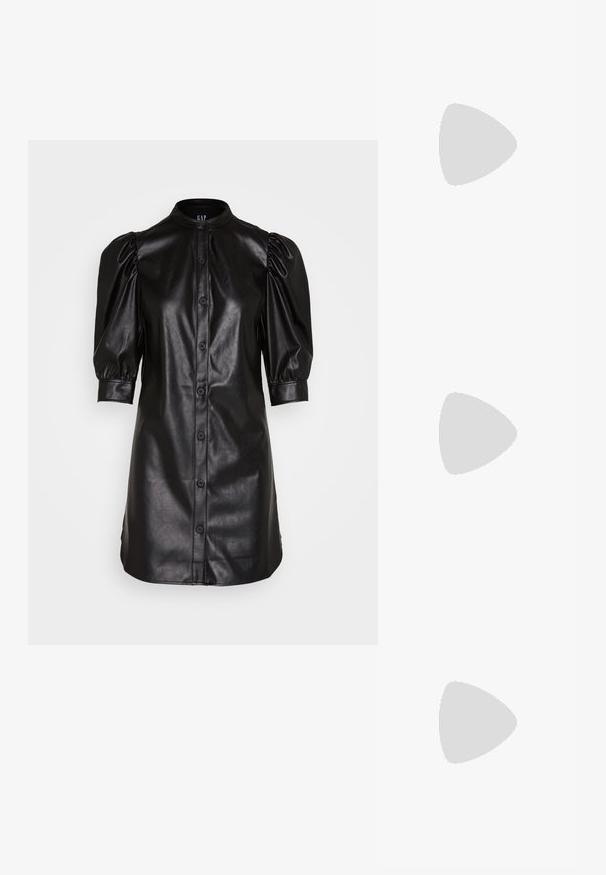GAP PUFF SHIRTDRESS - Robe chemise - black; ONLY SHOES ONLDOJA - Bottes à plateau - black; Lunettes de soleil noires en forme d'œil de chat avec une finition mate, dotées de verres teintés gris, d'angles aigus et de branches élégantes. Nom de la marque visible sur la branche intérieure.; Sac à main en cuir noir de forme triangulaire, avec un rabat incliné et une poignée supérieure arrondie. Il présente une texture lisse et des détails de design minimalistes.