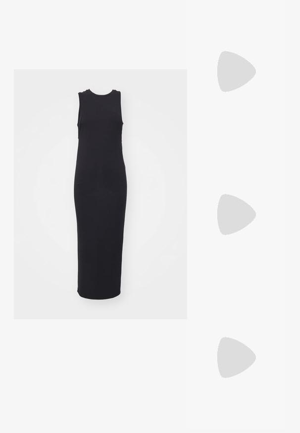 Robe maxi noire sans manches en tissu doux. Dotée d'un col rond et d'une silhouette ajustée, avec des fentes latérales pour plus de confort dans le mouvement.; Sandale à glissière noire matelassée avec une semelle plate, ornée d'un accent doré sur la sangle. Fabriquée en matériau synthétique avec une texture lisse.; Sac à main rectangulaire noir avec doubles poignées arrondies, fermeture éclair dorée et logo "HUGO" embossé sur le devant avec une étiquette en cuir attachée.; Boucles d'oreilles créoles dorées en forme de croissant, avec une surface polie et un fermoir à charnière. La texture lisse et la finition réfléchissante améliorent la visibilité.