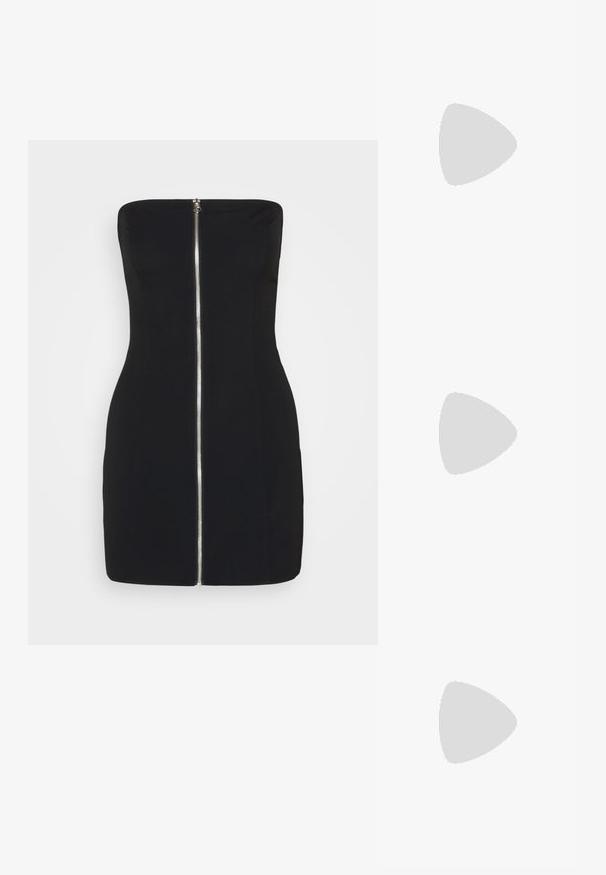 Weekday KLARA MINI TUBE DRESS - Cocktail φόρεμα / Φόρεμα για πάρτι - black; Μαύρες μπότες μέχρι το γόνατο κατασκευασμένες από λείο συνθετικό υλικό, με χοντρό τετράγωνο τακούνι και κομψό σχέδιο με ελαστική πάνω πλευρά.; Μαύρη τσάντα από πατεντέ δέρμα με γυαλιστερή ασημένια αλυσίδα λαβής, που διαθέτει διακοσμητικές λωρίδες και μεταλλικά γρύλια. Κομψή, καμπυλωτή μορφή.; Ζευγάρι μεσαίου μεγέθους γυαλιστερά ασημένια σκουλαρίκια κρίκοι με λεπτά μεταλλικά κλείστρα σε ανοιχτό ουδέτερο φόντο.