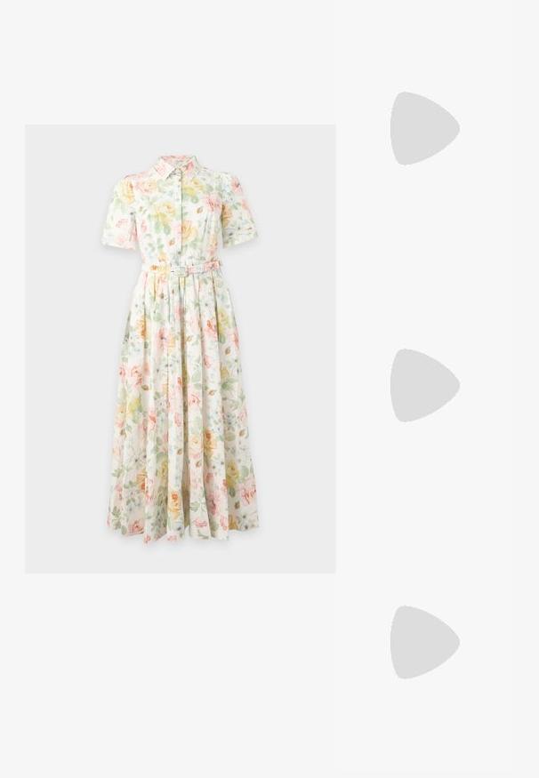 Vestido midi floral de manga corta con botones, cuello y cinturón, con patrones de flores en tonos pastel amarillo, verde y rosa sobre fondo blanco.; Tacones slingback de charol beige con puntera afilada y un lazo decorativo en el empeine. Incluyen un tacón bajo y estilizado con una textura suave.; Bolso de ante rosa con bordado floral, que presenta pájaros y mariposas. Herrajes en tono dorado y asa redondeada en la parte superior. Cierre elegante de solapa.; Collar de perlas que presenta perlas redondas de color rosa claro uniforme con una textura suave, asegurado con un cierre de plata y un acento negro pulido.
