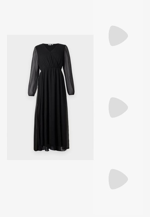 Langes schwarzes Kleid mit transparenten langen Ärmeln, V-Ausschnitt, gerafftem Taillenteil und schwingendem Rock vor einem schlichten weißen Hintergrund.; Riemchen-Peeptoe-Sandalette aus olivgrünem Wildleder mit spitzem Zehenbereich, schwarzem Absatz und verstellbarem Knöchelriemen. Mit einem Überkreuz-Design im oberen Bereich.; Schwarze glänzende rechteckige Handtasche mit oberem Griff, goldener Hardware und abnehmbarem Riemen, auf hellem einfarbigem Hintergrund platziert.; Paar glänzende Ohrstecker in Form eines Knotens in Goldton vor einem einfachen weißen Hintergrund.
