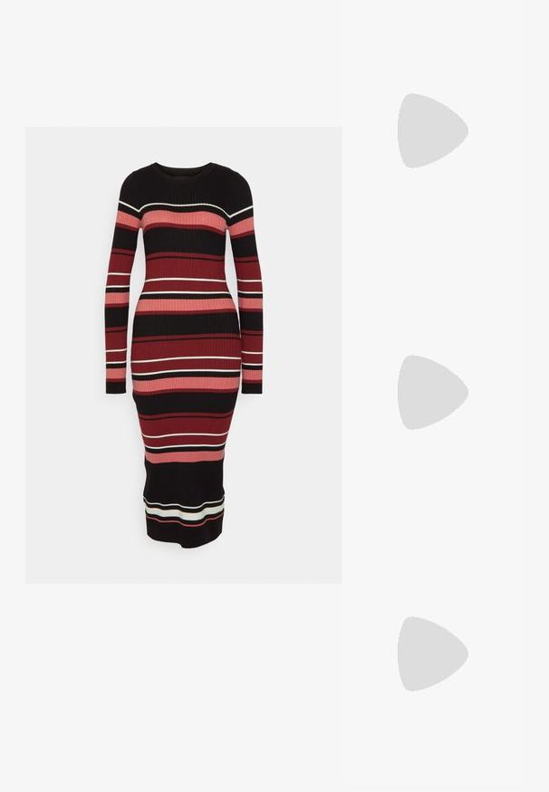 Anna Field by Zalando Gebreide jurk - multi-coloured; Knielange zwarte leren laarzen met een gladde textuur, ronde neus, zijpaneel en een chunky blokhak.; Zwart leren handtas met een driehoekige vorm, schuine klep en een ronde handgreep. Heeft een gladde textuur en minimalistische ontwerpelementen.; Zilveren hoepel oorbellen met een golvende, onregelmatige textuur. Kenmerken een dunne, ronde vorm en een reflecterende afwerking.