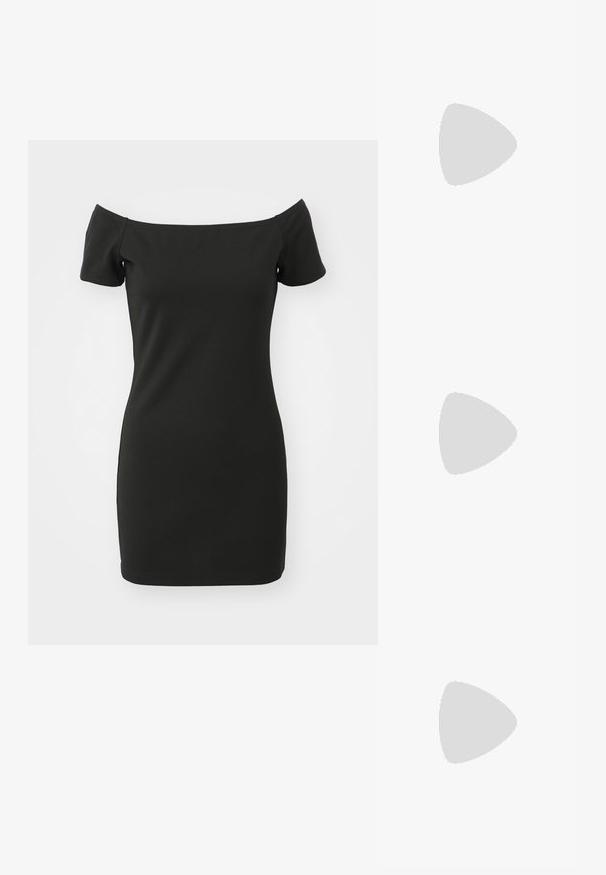 Vestido negro sin mangas, hecho de material elástico, con mangas cortas y una silueta ajustada. Textura suave sin patrones.; Sandalia de cuero negra con correas entrelazadas y un logo redondo de MK. El tacón es de altura media, proporcionando estabilidad y un diseño elegante.; Bolso de hombro negro de piel con correa ajustable y herrajes dorados, con pequeño logo dorado "Marc Jacobs" en el centro delantero.; Pendientes de aro en tono dorado con un diseño ondulado, que presentan una superficie lisa y brillante y una forma aerodinámica. Sin cierres visibles.