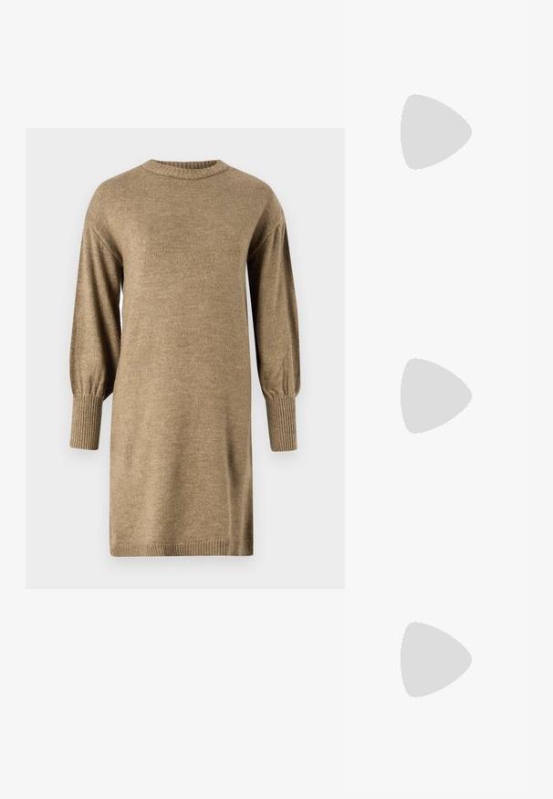 Knit beidzas kleita ar apaļu kakla izgriezumu un vidēja garuma pūkainām piedurknēm. Ribotas aproces un apakšmala, ar teksturētu auduma apdari.; Melnas ādas kovboju zābaks ar norādītu purngalu, zemu kaudzes papēdi un sarežģītu iegrimstošā lapu rakstu uz kājas. Cilpa augšā ērtai uzvilkšanai.; Melnā hobo soma, kas izgatavota no gludas ādas ar izliekta siluetu, ar vienu regulējamu siksnu un minimālisma dizaina detaļām.; Spīdīgu sudraba riņķu auskaru pāris ar plānām stieples aizdari, attēloti gaiši pelēkā fonā.