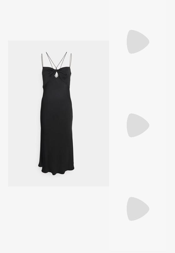 Calvin Klein MICRO STRAP TWIST SLIP DRESS - Cocktailjurk - black; Zwarte hoge hakken sandalen met een glad leren bovenwerk, open neus en een ontwerp met één band met een gouden gespaccent.}}; Zwarte leren schoudertas met gouden kettingband en rechthoekige gouden sluiting aan de voorkant, tegen een effen lichte achtergrond.; Gouden druppelogen in een slank, langwerpig druppelvorm met een geborstelde afwerking en draad haken voor gemakkelijk dragen.