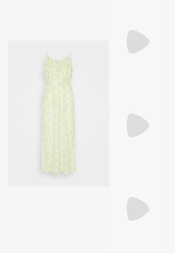 Selected SLFTERESA ANKLE STRAP DRESS  - Maxikjoler - sharp green; Hvide platformmules med en glat overflade, åben tå-design og en kraftig hæl. Har en subtil overfladiskøm og en kontrastfarvet sål.; Blød, cremefarvet læder clutch taske med samlet, rynket design og en tynd skulderrem, der hviler foran på en ensfarvet baggrund.; Sølvfarvede øreringe i et snoet hoopsdesign, med en struktureret overflade og ribbet detaljer, sikret med en postlås.