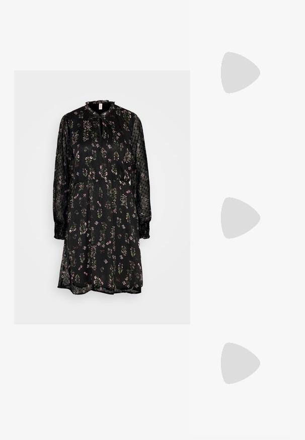 Schwarzes Blumenkleid mit transparenten gepunkteten Ärmeln, gerafft in der Taille, mit einem Schlüsselaugen-Ausschnitt und zarten grünen und rosa Blumenmustern.; RAID ROCCO - Cowboy-/Bikerstiefelette - black; Schwarze Metal-Sonnenbrille mit runden Gläsern, dunkler Tönung, schlanken Bügeln und verstellbaren Nasenpolstern, mit einem minimalistischen Design und ohne sichtbares Branding.; Silberne Creolen mit einem verdrehten Design, das eine strukturierte Oberfläche und einen sicheren Verschluss aufweist. Leicht und reflektierend mit einer eleganten Oberfläche.