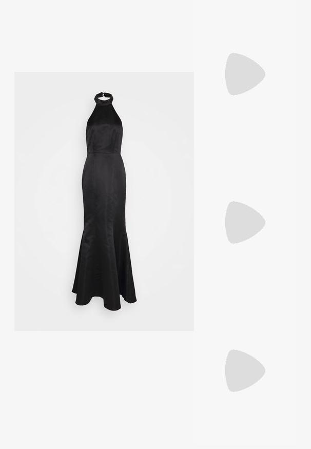 Jarlo Tall TRELLA - Vestido de fiesta - black; Zapato de tacón alto de charol negro con punta afilada, correa en el tobillo y ancho tacón bloque para mayor estabilidad, con una textura suave y brillante.; Bolso de mano negro de malla con una silueta estructurada, adornado con pequeños tachuelas metálicas, que cuenta con un cierre de broche y una correa de cadena desmontable.; Pendientes de tono plateado que presentan múltiples piedras de cristal transparente en formas de lágrima y marquesa, con cierres de palanca y un detallado intrincado.