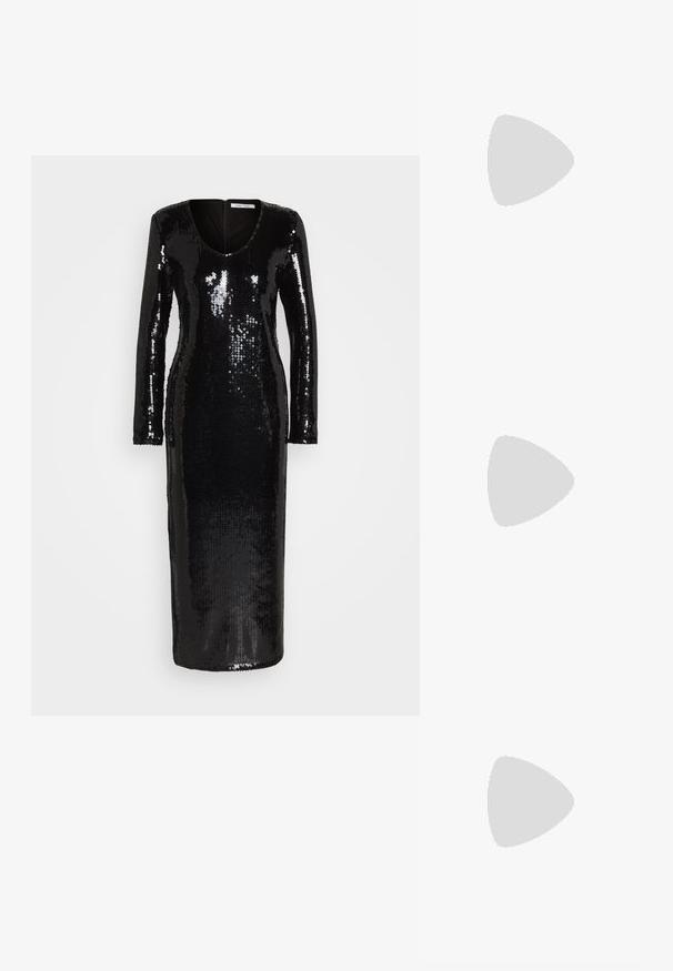 Schwarzes Pailletten-Kleid mit langen Ärmeln, einem V-Ausschnitt und einer figurnahen Silhouette. Die Textur ist glatt und glänzend und reflektiert das Licht von den Pailletten.; Schwarze Leder-Pumps mit hohen Absätzen, spitzer Zehenform und glatter Oberfläche. Verfügt über eine elegante Silhouette und einen Stiletto-Absatz.; Metallisch silberne Clutch mit einem Umschlagdesign, verziert mit einem strukturierten Muster und ausgestattet mit einem abnehmbaren Kettenriemen.; Silberfarbene Ohrhängern mit einem runden Oberteil, das kaskadierende Ketten und quadratische, geschliffene Rhinestones zeigt und ein lineares, mehrstufiges Design präsentiert.