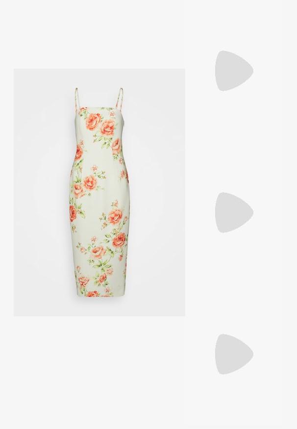 Forever New TIANA STRAPLESS MIDI - Robe de soirée - multi-coloured; Sandale compensée blanche avec une plateforme en corde texturée, dotée d'une fine bride de cheville et d'un design à bout fermé lisse.; Pochette en tissu doré avec texture plissée, cadre argenté et grande fermeture à perle avec de petites perles bordant les bords.; Boucles d'oreilles en or ornées de trois perles blanches de formes arrondies et en goutte d'eau, mettant en avant une surface lisse et un design élégant.