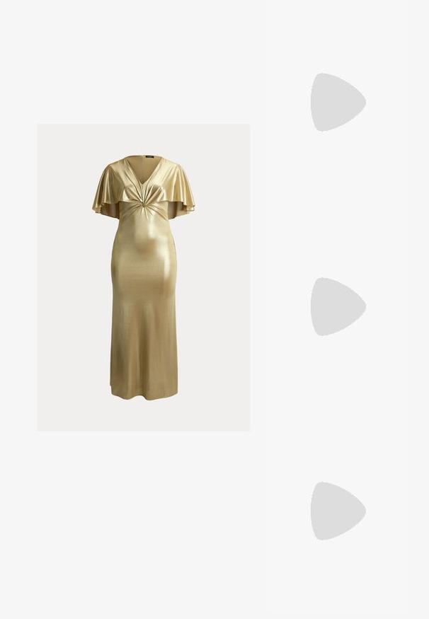 Vestido metálico dorado hasta el suelo con mangas cortas de vuelo, escote en V y detalle de nudo retorcido en el busto.; Sandalias de tacón alto negras con parte superior de cuero suave, punta abierta y diseño de tira única con un detalle de hebilla dorada.; Bolso de mano dorado rectangular con acabado brillante, cierre metálico y asa corta de cadena dorada sobre un fondo claro y liso.; Marchesa FILIGREE DROP - Pendientes - gold-coloured